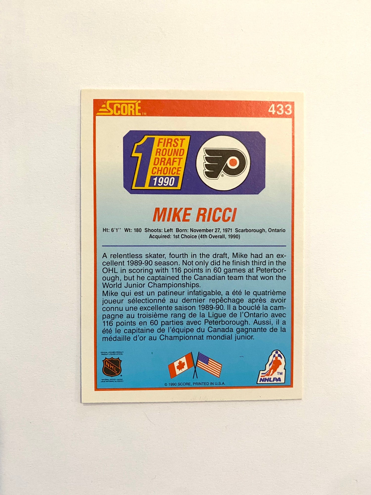 MIKE RICCI SCORE DRAFT CHOICE CARD | SidelineSwap