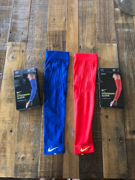 NIKE Pro Hyperwarm Compression Arm Sleeves Red Blue Volt SM/MD