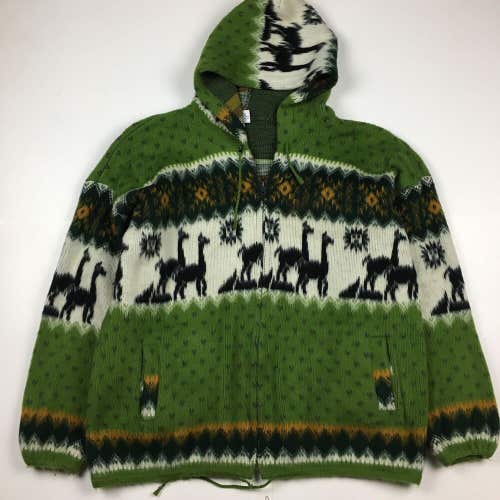 Vintage Yari Artesanias 100% Pure Ecuadorian Wool Zip Up Hoodie Sweatshirt Green