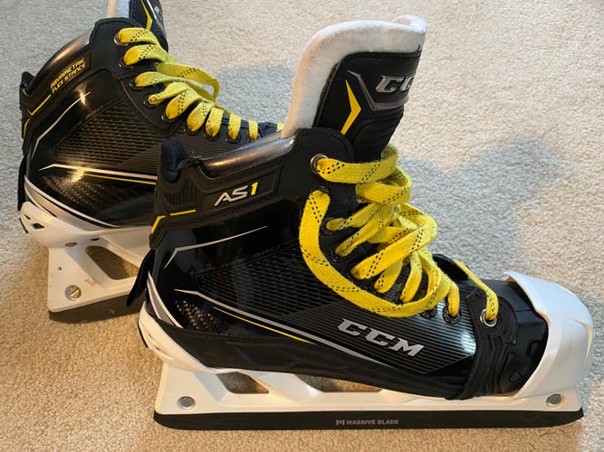 Used CCM Size 9.5 AS1 Hockey Goalie Skates with Massive Blades and Unused Prolite Blades