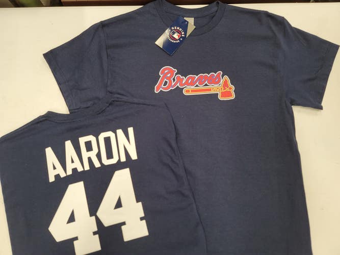 Majestic Atlanta Braves HANK AARON Baseball Jersey Shirt NAVY