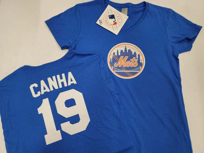 MLB Team Apparel WOMENS Majestic New York Mets MARK CANHA V-Neck Baseball Jersey Shirt ROYAL