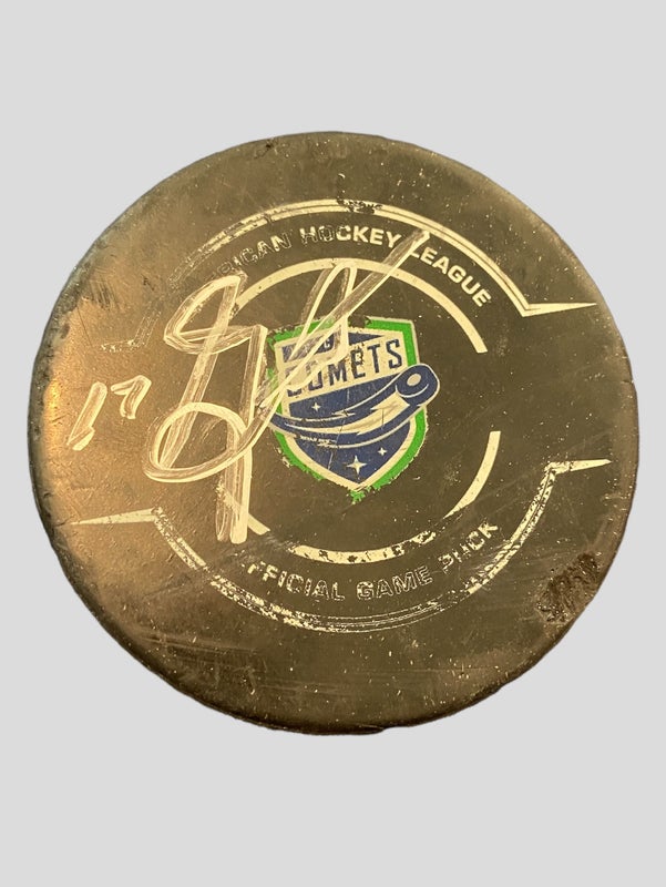 AHL Utica Comets Game Used Hockey Puck, Signed / Autographed by #17 A. J. Greer