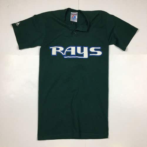 Vintage Tampa Bay Devil Rays Majestic Henley Button Neck Shirt Green Sz Small