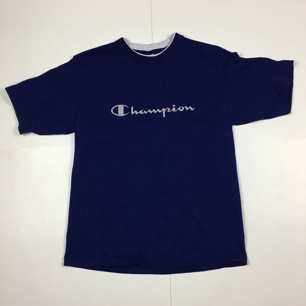 Vintage 90s Champion Embroidered Script Logo Navy Blue T-Shirt