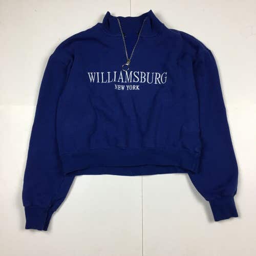 Williamsburg Brooklyn New York Embroidered Crop Top Quarter Zip Sweater Blue Med