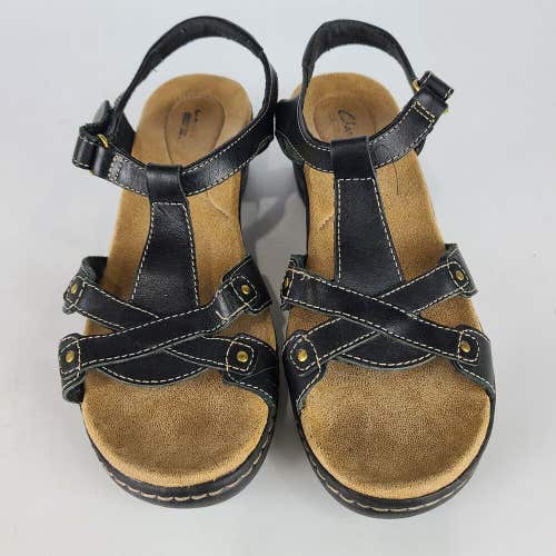 Clarks Collection Hayla Flute Black Leather Sandal Wedge Size US 8.5