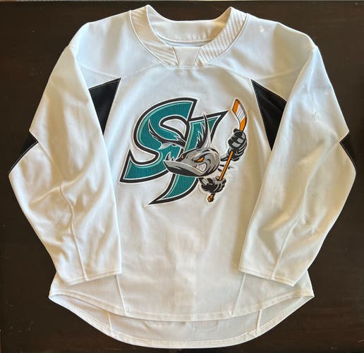 San Jose Barracuda White Practice Used CCM Quicklite Pro Stock Jersey Size 56