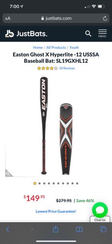 Easton Ghost X Hyperlite USSSA Baseball Bat (SL19GXHL12)