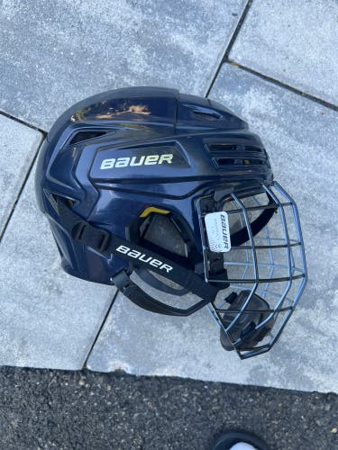 Used Navy Blue Medium Bauer Re-Akt 200 Helmet With Large Bauer Profile II Oreo Cage