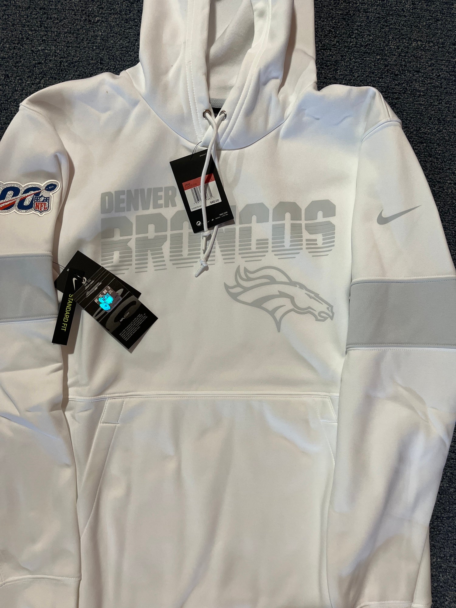 New Nike Denver Broncos On-Field Apparel Gray Thick Short Sleeve Hoodie  Large