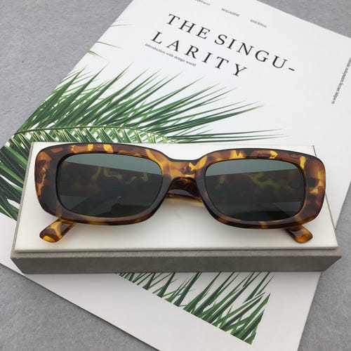 Leopard Brown Rectangle Sunglasses Trendy Retro Fashion Sunglasses