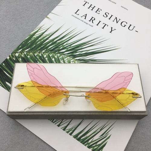 Yellow And Pink Wing Shape Rimless Party Favor Trendy Sunglasses Brand New