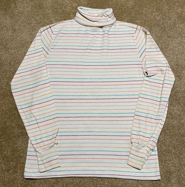 Turtleneck T Shirt Women Medium Adult White Striped Long Sleeve Vintage 80s  USA