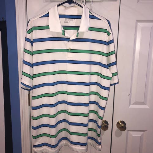 Nike tour performance golf shirt large white with green blue stripes