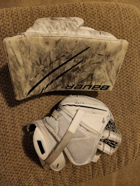 Used Bauer Regular Hyperlite Pro Stock Glove and Blocker worn by Beck Warm