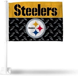 NFL Pittsburgh Steelers Name over Logo on Diamond Plate Window Car Flag Rico