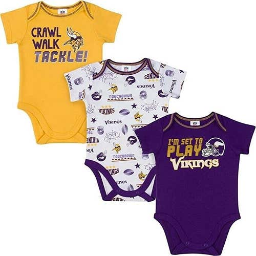 NFL Minnesota Vikings Pack of 3 Infant Bodysuit "I'M SET TO PLAY" 18M
