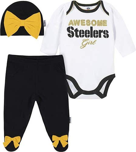 NFL Pittsburgh Steelers Bodysuit Footed Pants Cap Set Size 0-3 Month Gerber