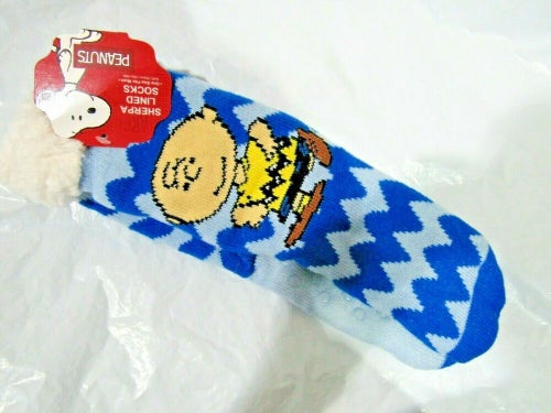 Peanuts Charlie Brown Blue Sherpa Lined Unisex Non-Slip 1Size Slipper Socks