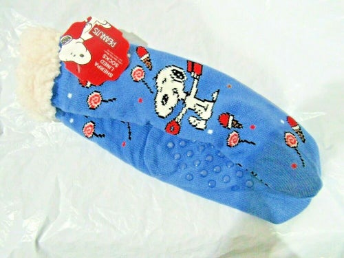 Peanuts Snoopy Blue Sherpa Lined Unisex Non-Slip 1 Size Slipper Socks