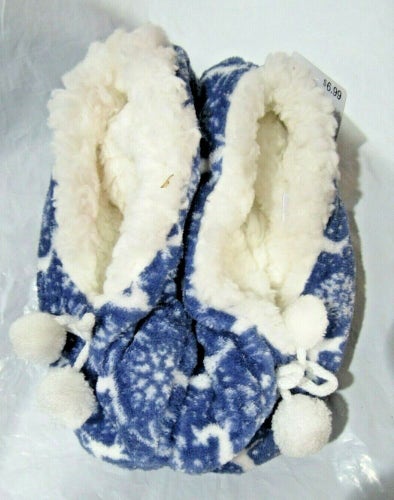 Merry Brite Ladies Sherpa Slippers White Reindeer on Blue Select Size Below