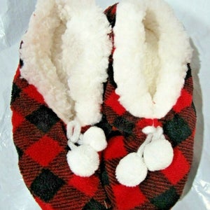 Merry Brite Ladies Sherpa Slippers Red & Black Plaid Select Size Below