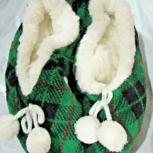 Merry Brite Ladies Sherpa Slippers Green & Black Plaid Select Size Below