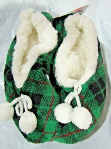 Merry Brite Ladies Sherpa Slippers Green & Black Plaid Select Size Below