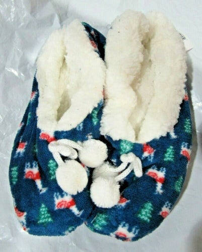 Merry Brite Ladies Sherpa Slippers Red & White Lama on Blue Select Size Below