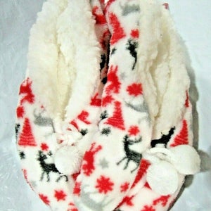 Merry Brite Ladies Sherpa Slippers Christmas Stuff on White Select Size Below