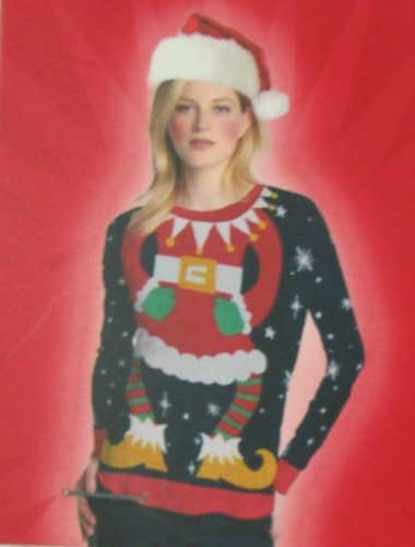 Christmas Women's Ugly Sweater w/Elf Long Sleeve T-Shirt Select Size Below