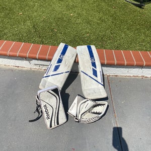 Warrior 23+1 inch Youth Goalie Pads and Reebok Glove and Blocker