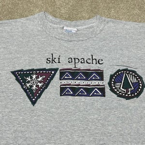 Ski Apache T Shirt Men Large Adult Gray Stripe New Mexico Nature Vintage 90s USA