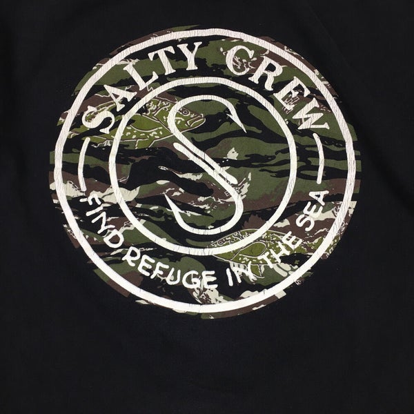 Salty Crew Black Long Sleeve T-Shirt Fishing Graphic Camo Logo Sz Medium