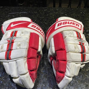 Used White & Red Nike Bauer Boston University Terriers 4 Roll Gloves 14" Pro Stock