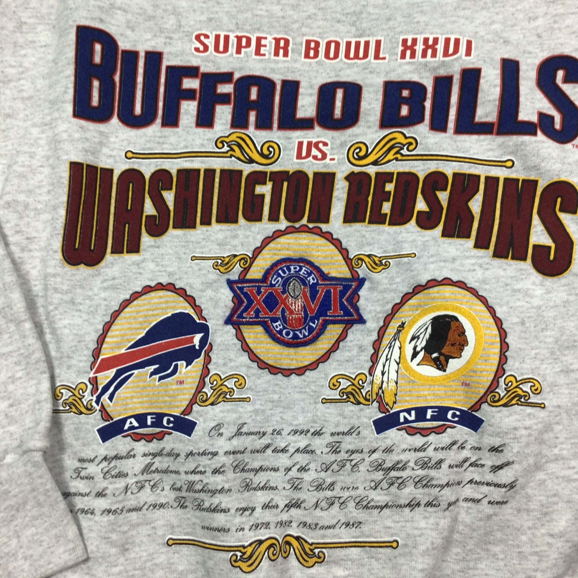 Vintage 1992 Super Bowl XXVI Buffalo Bills, Washington Redskins crewneck  sweatshirt