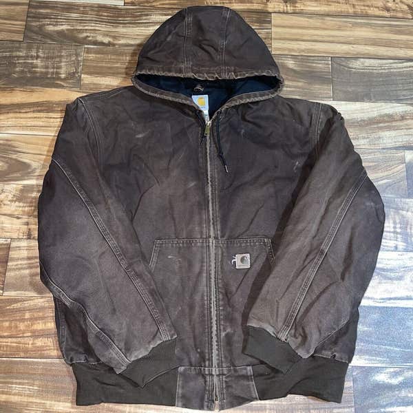 Vtg Carhartt J25 DKB Hooded Work Duck Jacket Lined Dark Brown