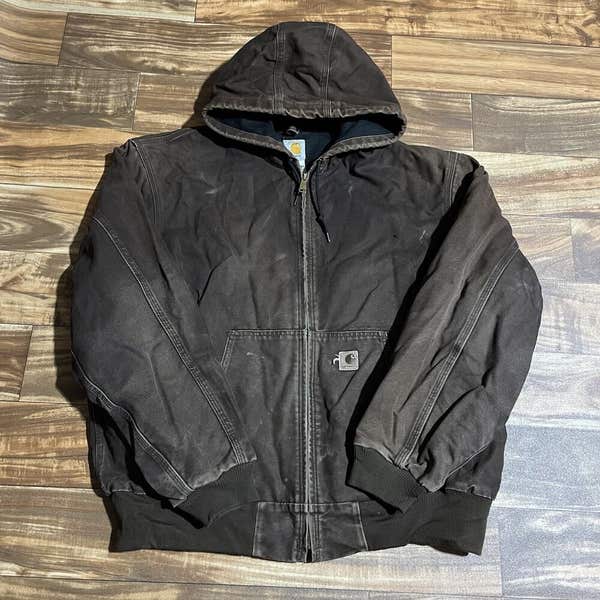 Vtg Carhartt J25 DKB Hooded Work Duck Jacket Lined Dark Brown