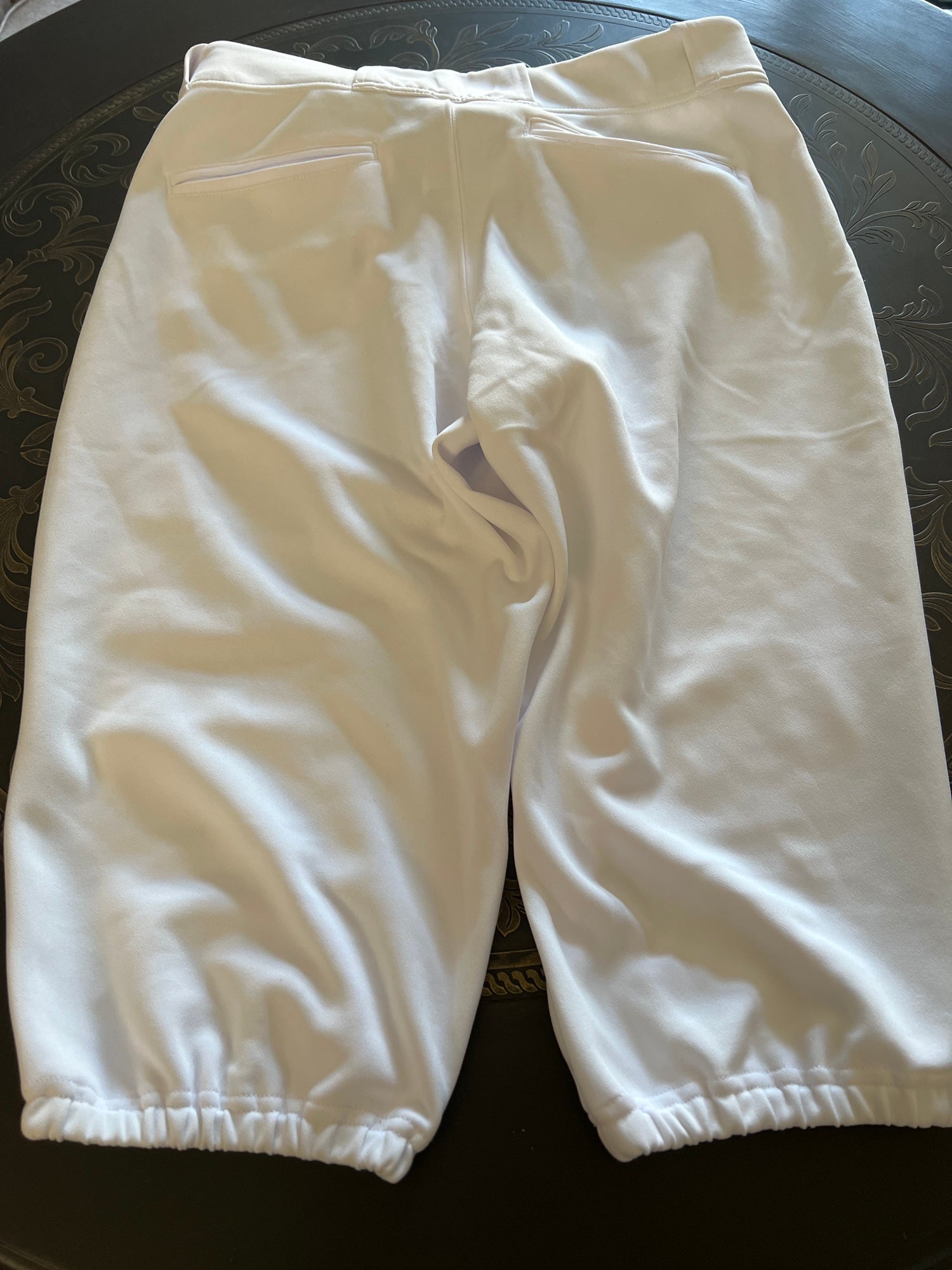 White Used Large Rawlings Knicker Game Pants with Royal Blue