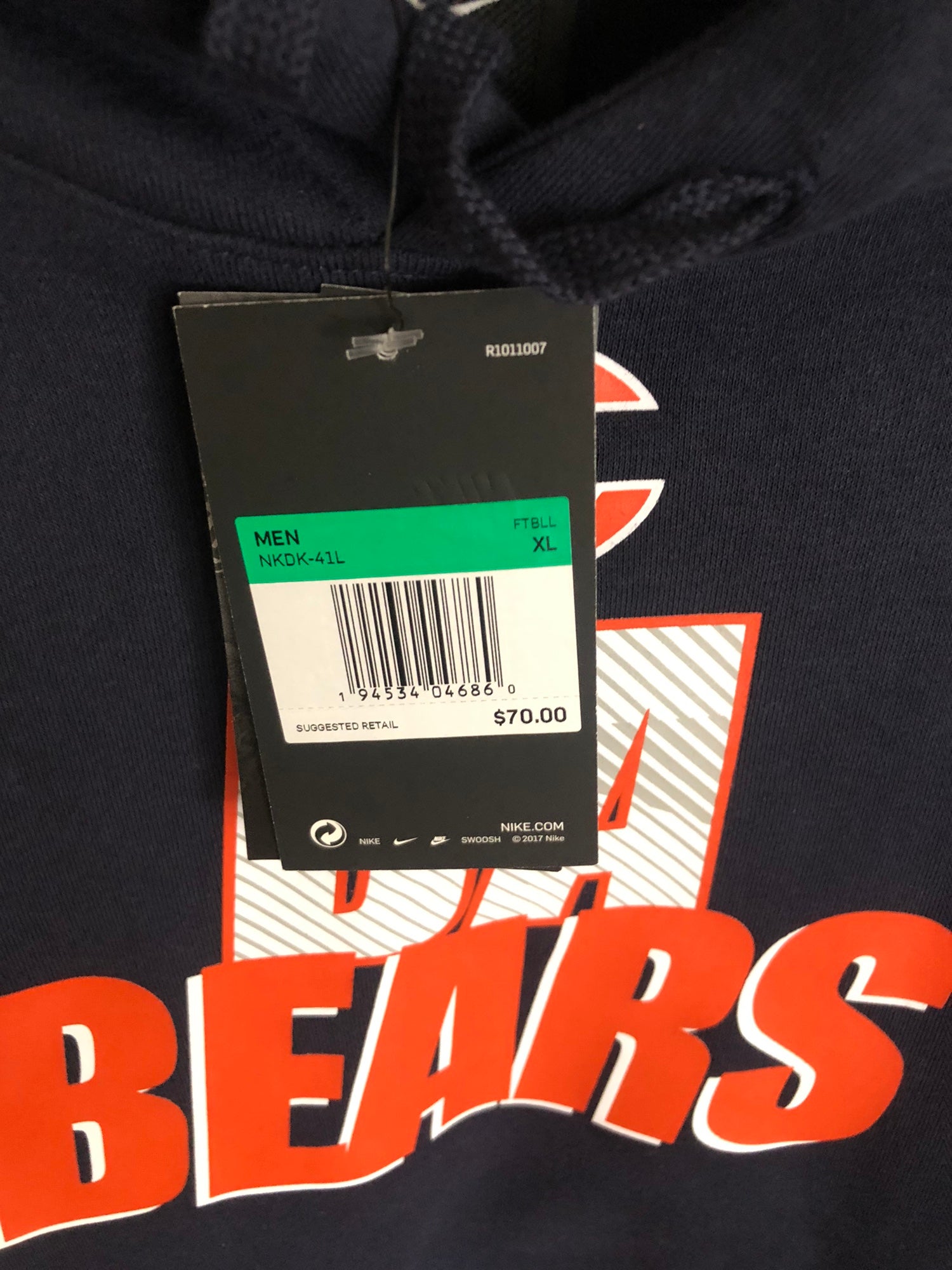 Chicago Bears Historic Grey Nike Full-Zip Retro Hoodie Men's Extra Large  New