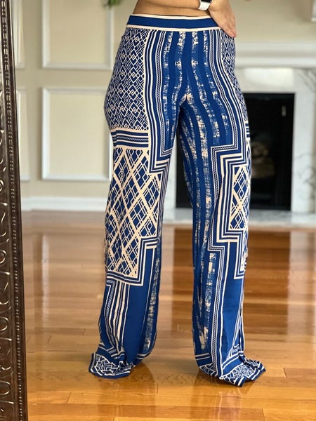 Jealous Tomato Boho Print Palazzo Wide Leg Pants Blue Tan Women's S