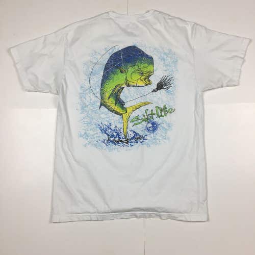 Salt Life Atlantic Mahi Mahi Salt Water Fishing White Graphic Pocket T-Shirt L