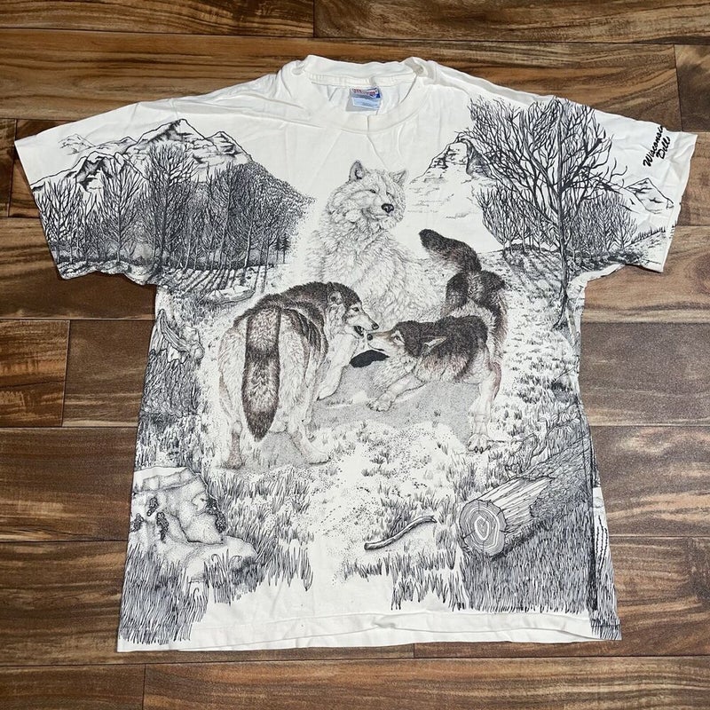 Vintage 90s Wolf Art T-Shirt All Over Print Single Stitch Size