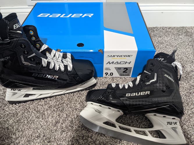 Senior New Bauer Supreme Mach Hockey Skates Size 9.0 Fit 2 w/ TI Steel