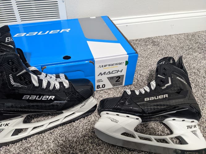 Senior New Bauer Supreme Mach Hockey Skates Size 8.0 Fit 2 w/ TI Steel