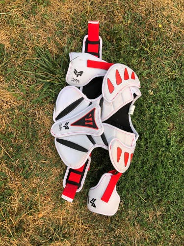 Lacrosse chest protector, elbows, and gloves