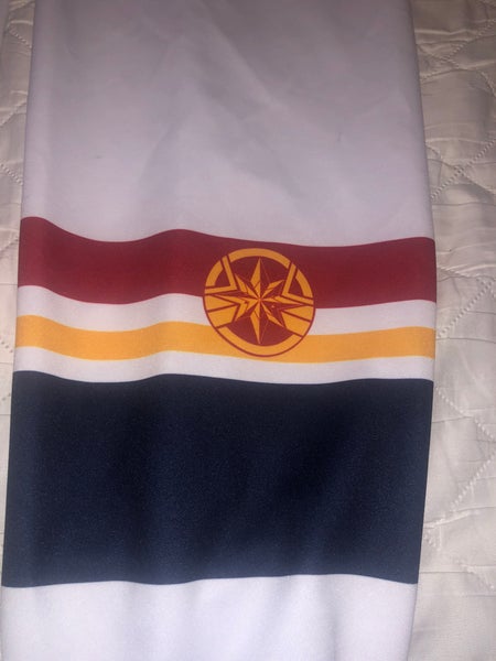 GAME WORN SIZE 32 ALLEN AMERICANS CAPTAIN MARVEL HOCKEY SOCKS