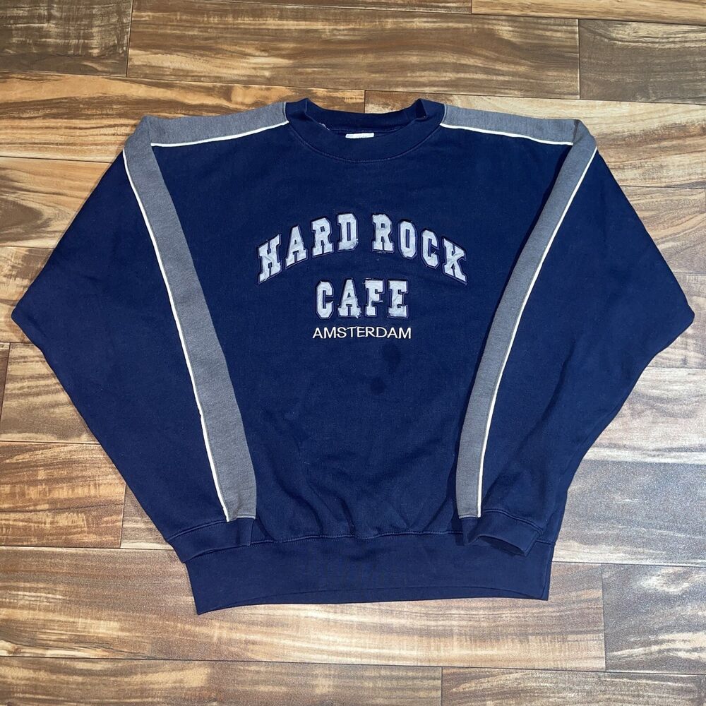 Vintage Hard Rock Cafe Amsterdam Navy Blue Crewneck Sweatshirt Size Large L Rare