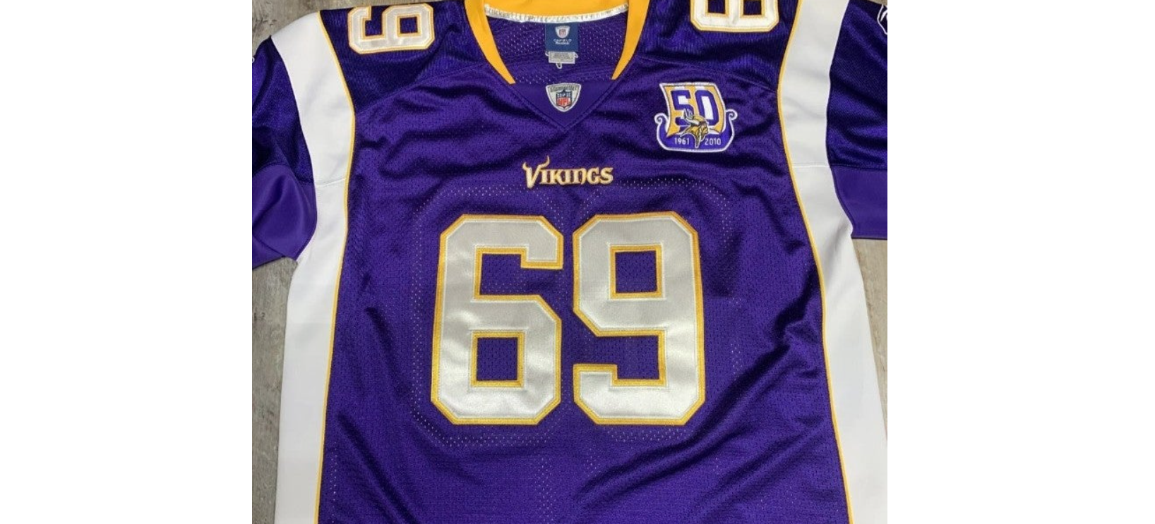 54 Reebok On Field Minnesota Vikings Jared Allen Stitch Jersey 50th 25x32”  2010